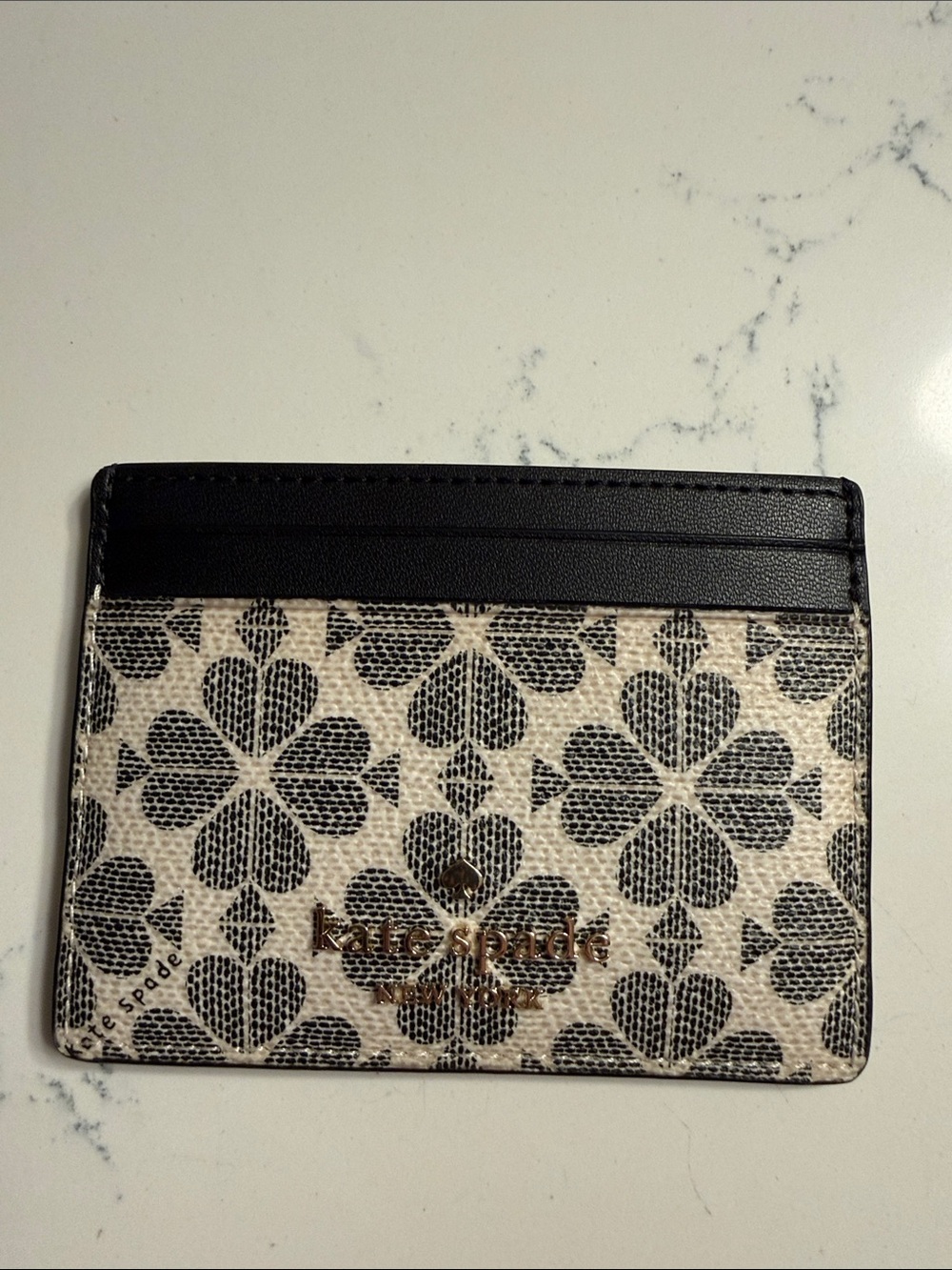 kate spade Black and Cream Floral Slim Card Case with Gold Logo